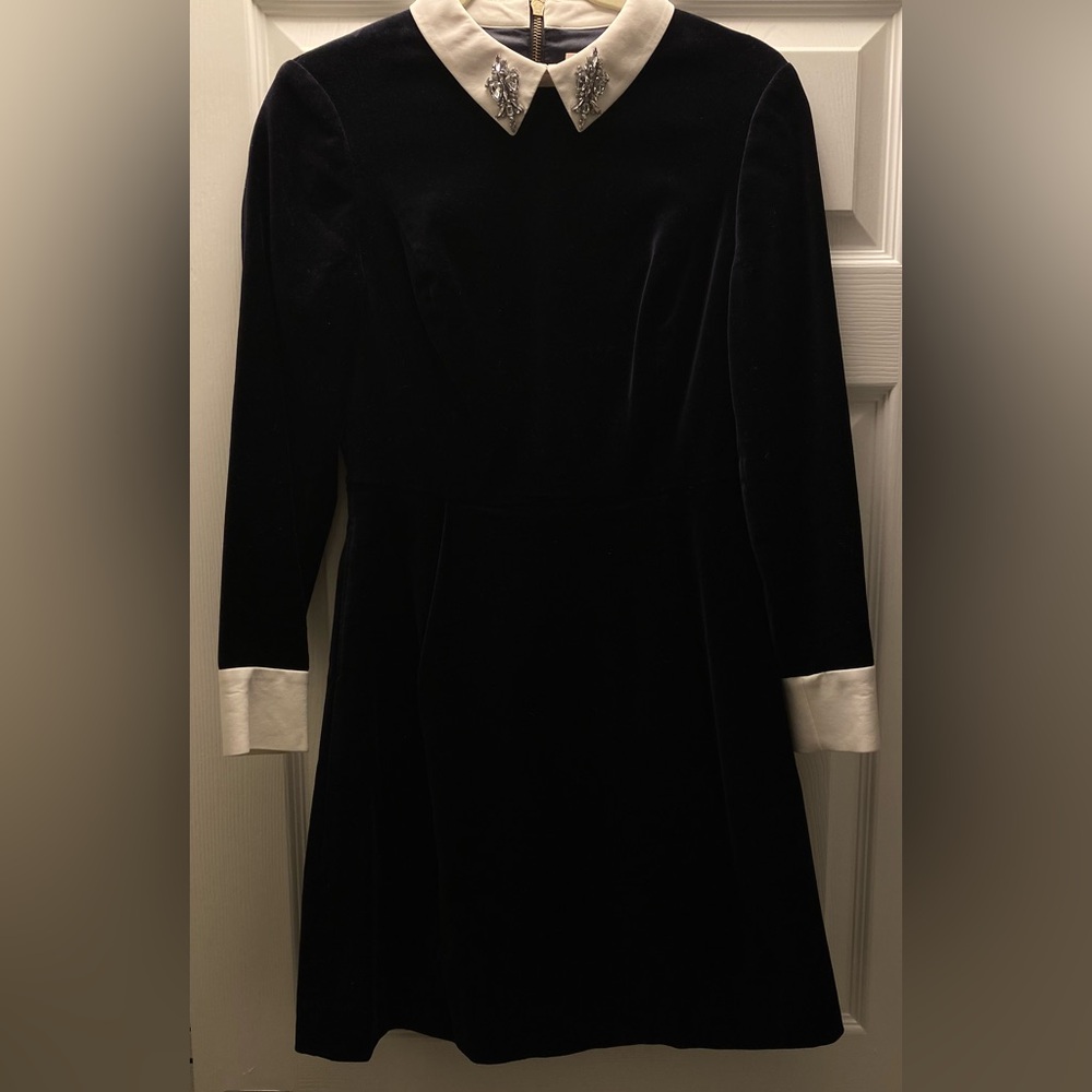 Ted Baker London Black Velvet Dress with Diamond Collar Size 1